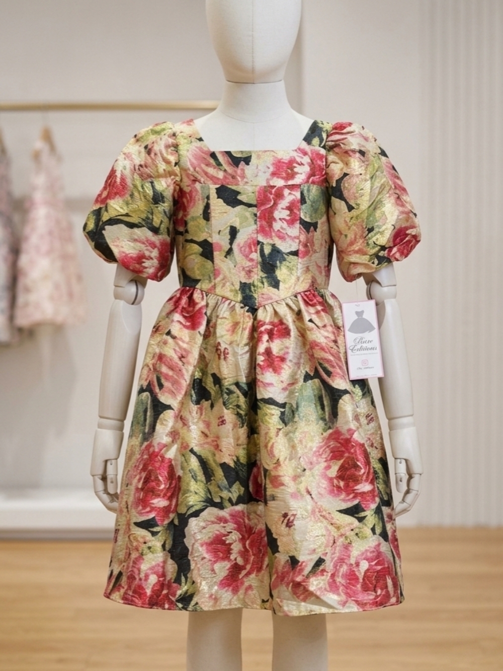 Rare Editions Floral Puff Sleeve Dress in Pink, Green, Gold (Size 16)